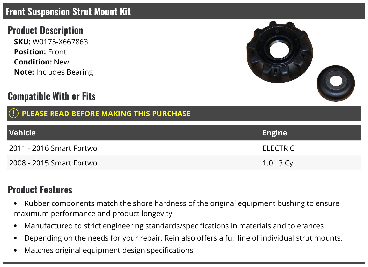 High-Quality Front Suspension Strut Mount with Bearing - Replacement for 2008-2016 Smart Fortwo | Durable Auto Suspension Parts for Smooth Ride & Enhanced Vehicle Performance | Perfect for City Commuting & Daily Driving