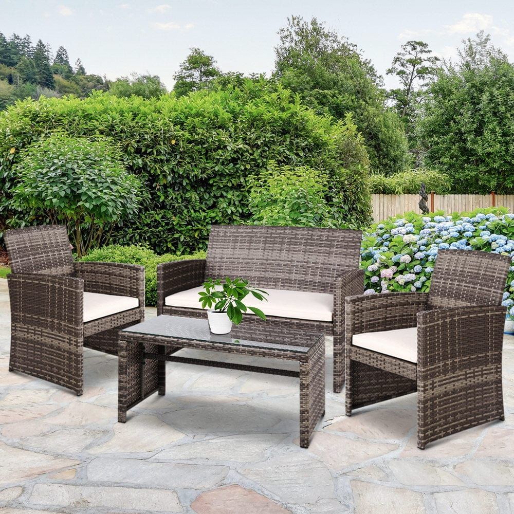 Gardeon 4-Piece Outdoor Patio Dining Set - Rattan Wicker Lounge Furniture in Mixed Grey - Perfect for Backyard, Garden, and Poolside Relaxation