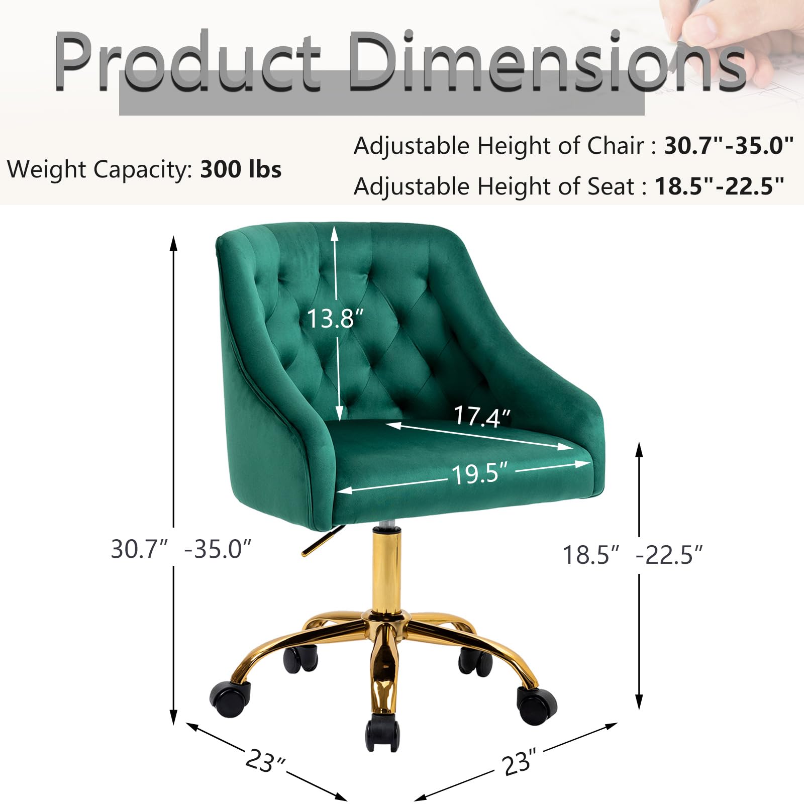 MOJAY Velvet Office Swivel Chair - Luxurious Fabric Desk Chair with 360° Rotation & Height Adjustment, Elegant Gold Base - Perfect for Home Office, Reception Areas & Vanity Desks (Green)