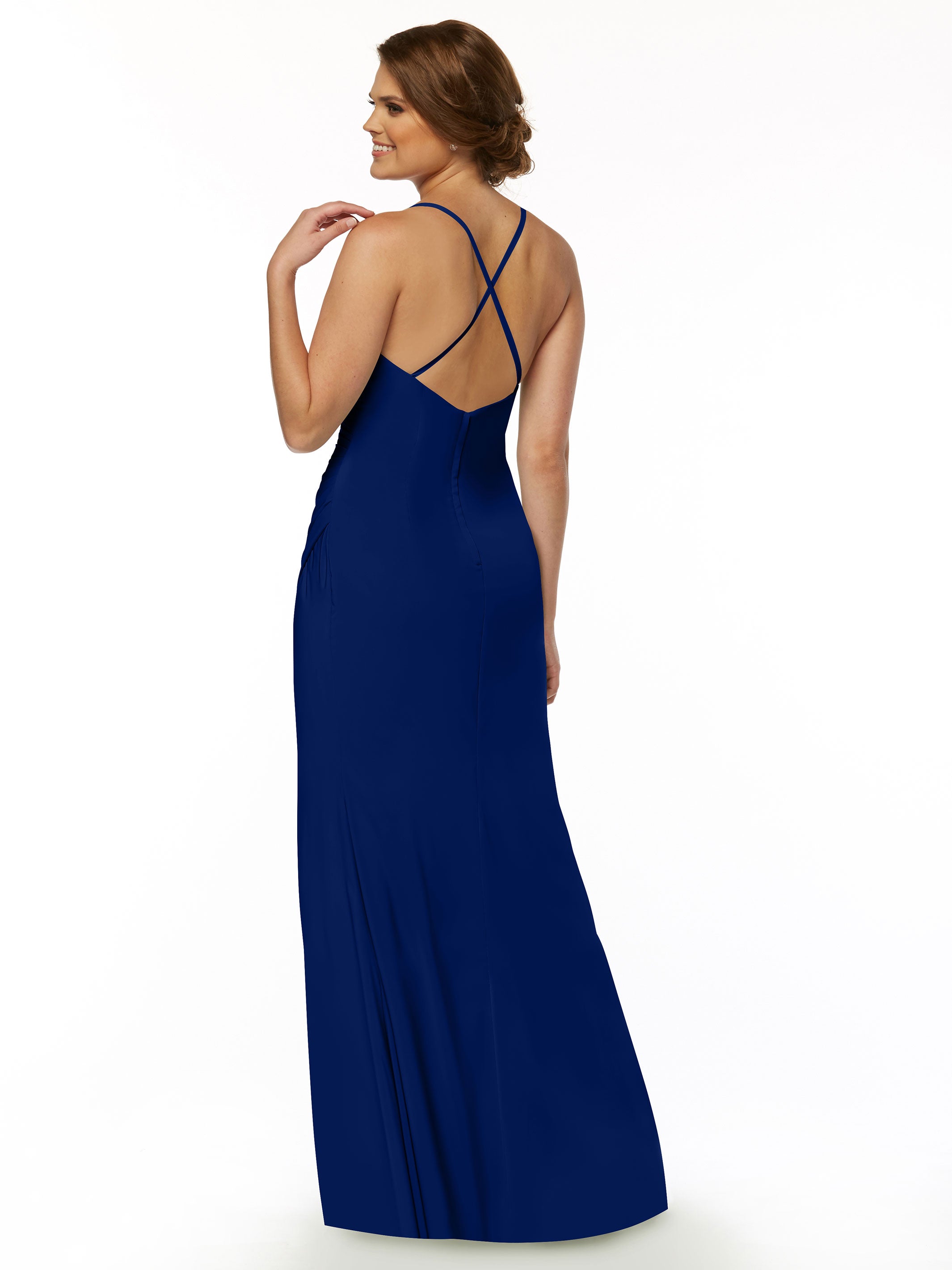 Elegant 80114 Stretch Chiffon Sheath Bridesmaid Dress with Ruching and High Slit - Perfect for Weddings, Formal Events & Evening Parties