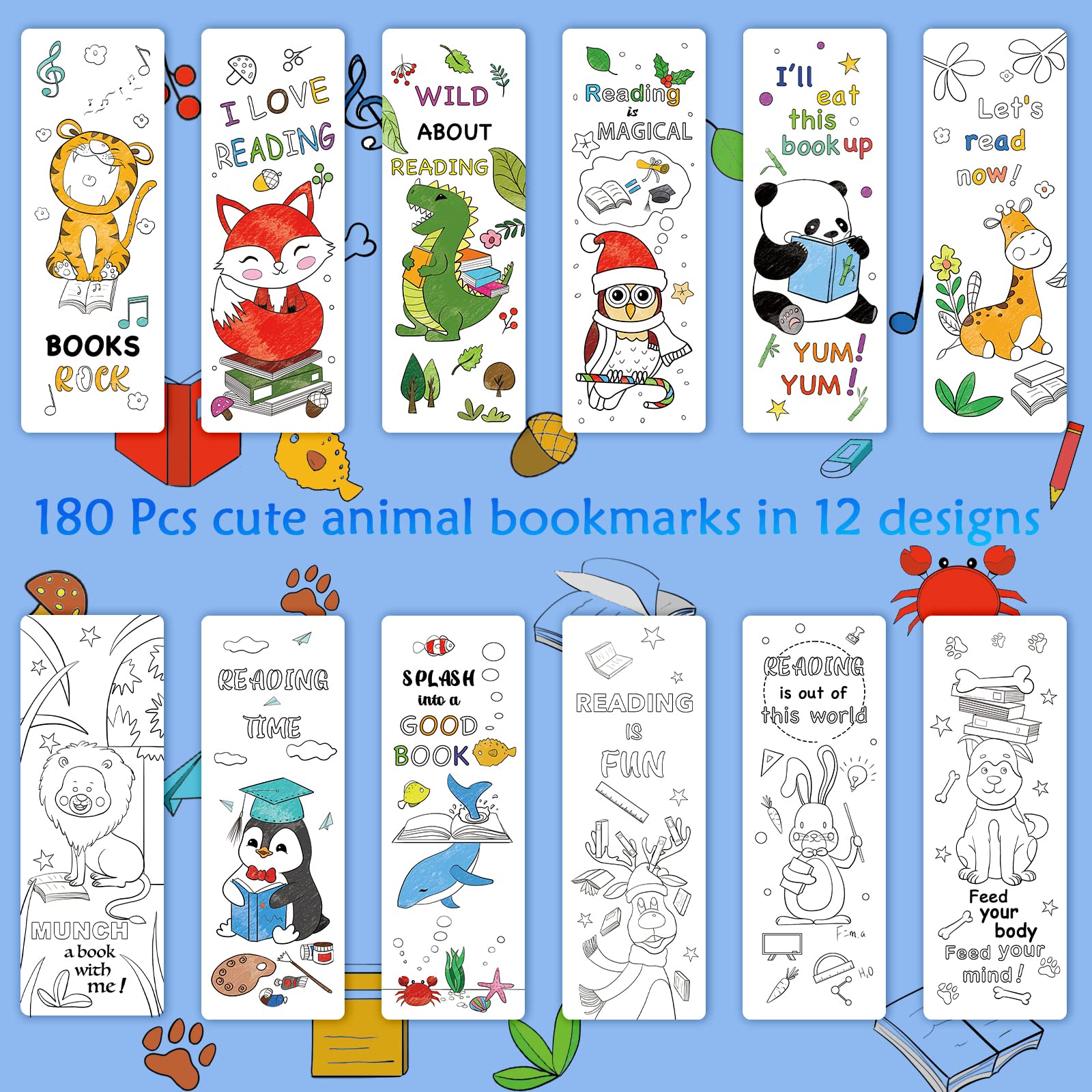 Anseal 180 PCS DIY Coloring Bookmarks for Kids & Teens - 12 Cute Animal Designs, Fun Classroom Rewards & Reading Gifts for Book Lovers - Perfect for School Activities, Birthday Parties & Reading Incentives