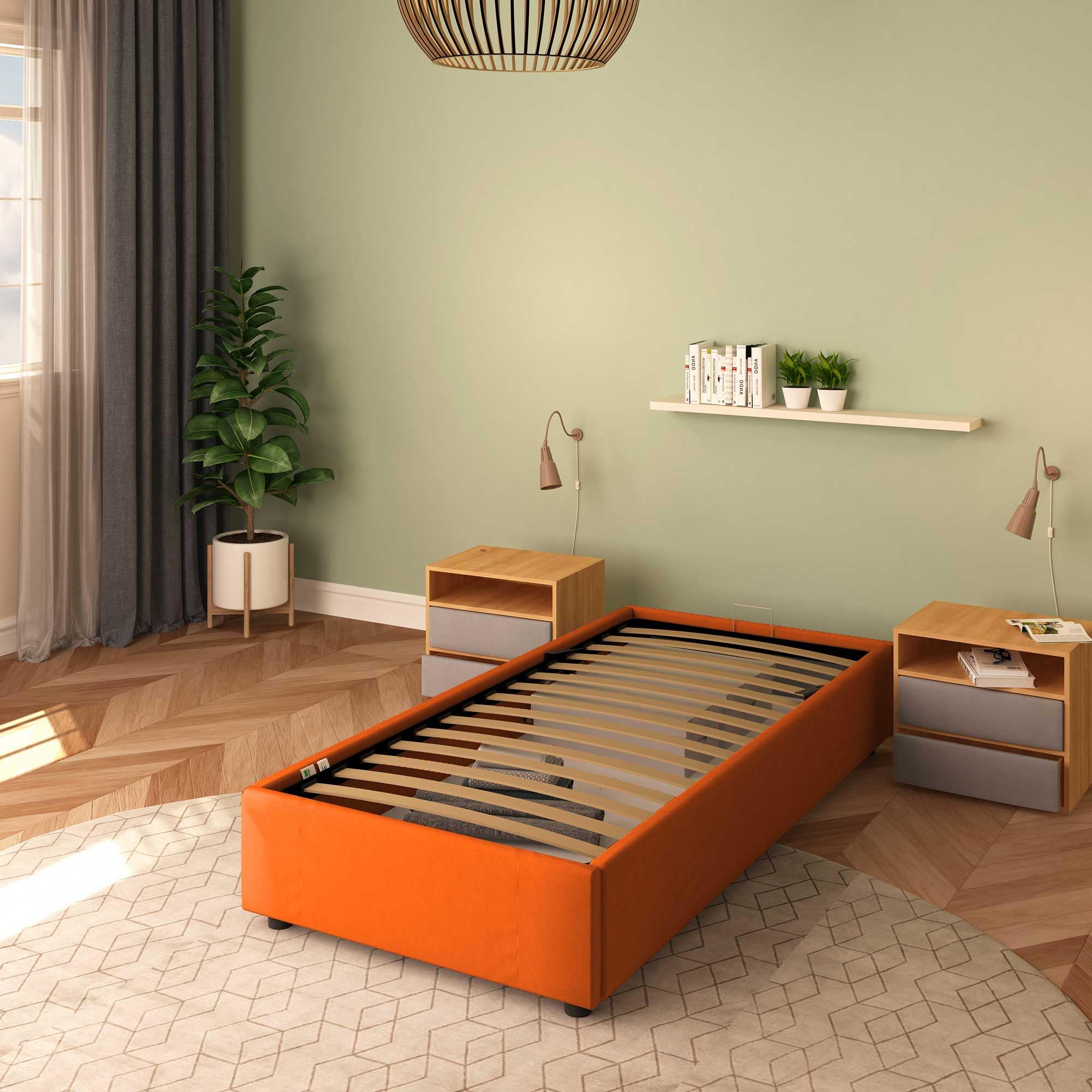Baldiflex Cloe Square and Half Bed with Storage Container, Fabric Frame, No Headboard, Slatted Base for Mattresses, 100 x 200 cm, Orange - Perfect for Small Bedrooms, Guest Rooms & Studio Apartments