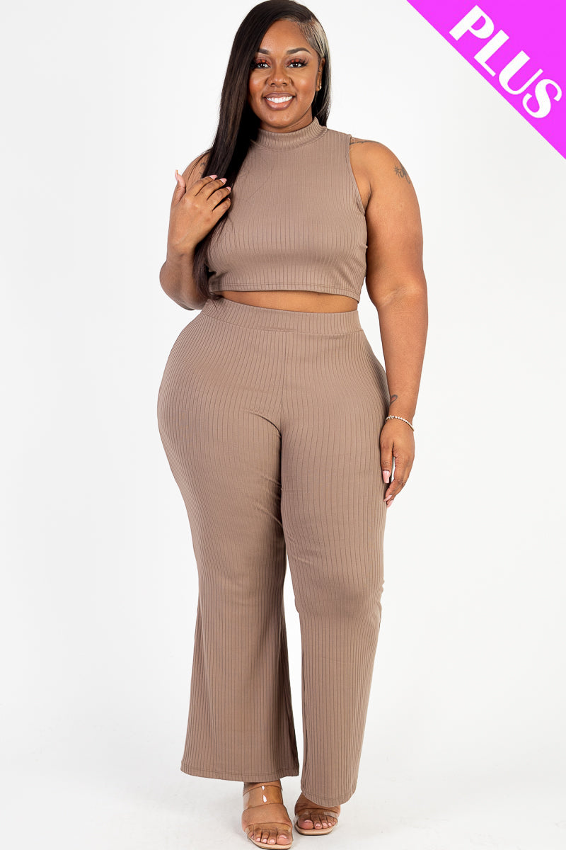 Plus Size Ribbed Mock Neck Crop Tank Top & Bootcut Pants Set - Women's Casual Outfit for Summer, Lounge, and Streetwear Fashion