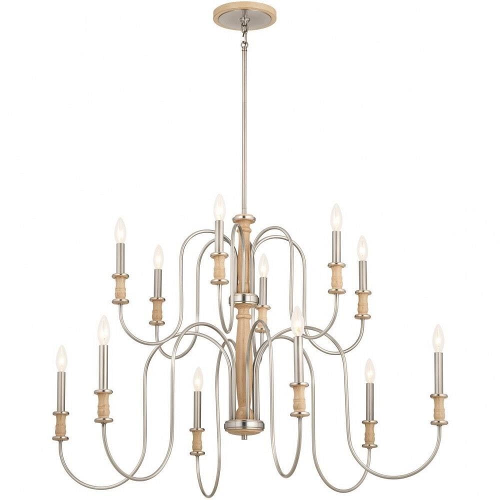 Kichler Karthe 42 Inch 12-Light Chandelier in Beech Wood & Brushed Nickel Finish - Elegant Dining Room Lighting for Modern Farmhouse & Traditional Home Decor