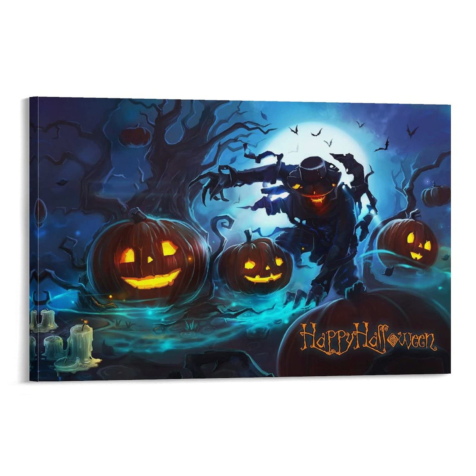 Halloween Pumpkin Headless Skull Canvas Art - Gothic Jack-o-Lantern Moonlit Tree with Bats Wall Decor - Spooky Candlelight All Saints Day Poster - Perfect for Modern Bedroom & Living Room Halloween Decorations