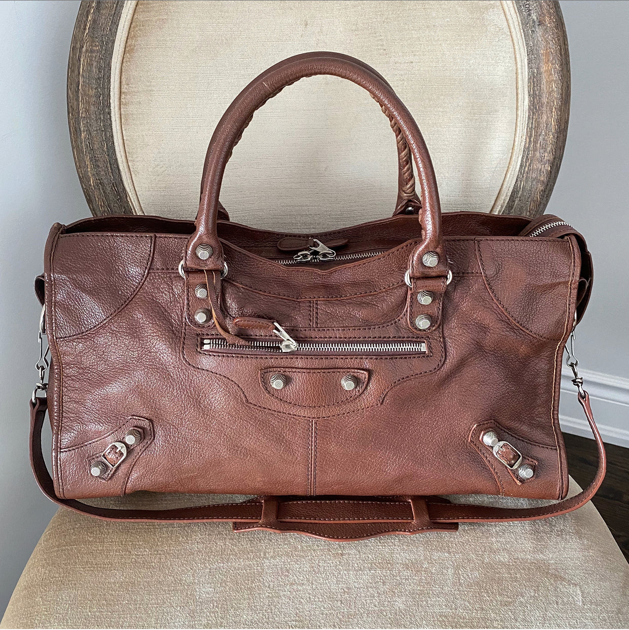 Balenciaga Chocolate Brown City Bag with Silver Hardware - Stylish Crossbody Purse for Women, Perfect for Daily Use, Work, and Travel