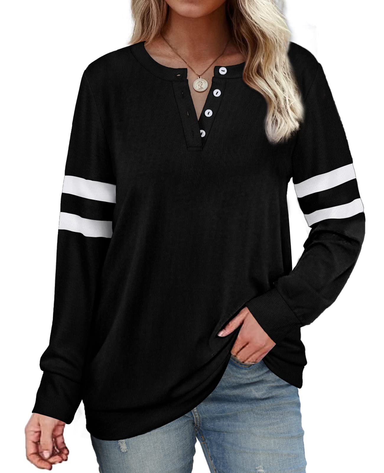 Sipaya Women's Casual Color Block Long Sleeve Button-Down Henley Sweatshirt | Comfortable Pullover Sweater for Fall, Winter & Layering | Perfect for Daily Wear, Office & Weekend Outfits