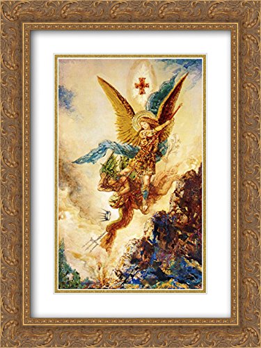 Saint Michael Vanquishing Satan - 18x24 Inch Gold Ornate Framed Museum Art Print by Gustave Moreau | Religious Home Decor, Church Wall Art, Gothic Interior Design