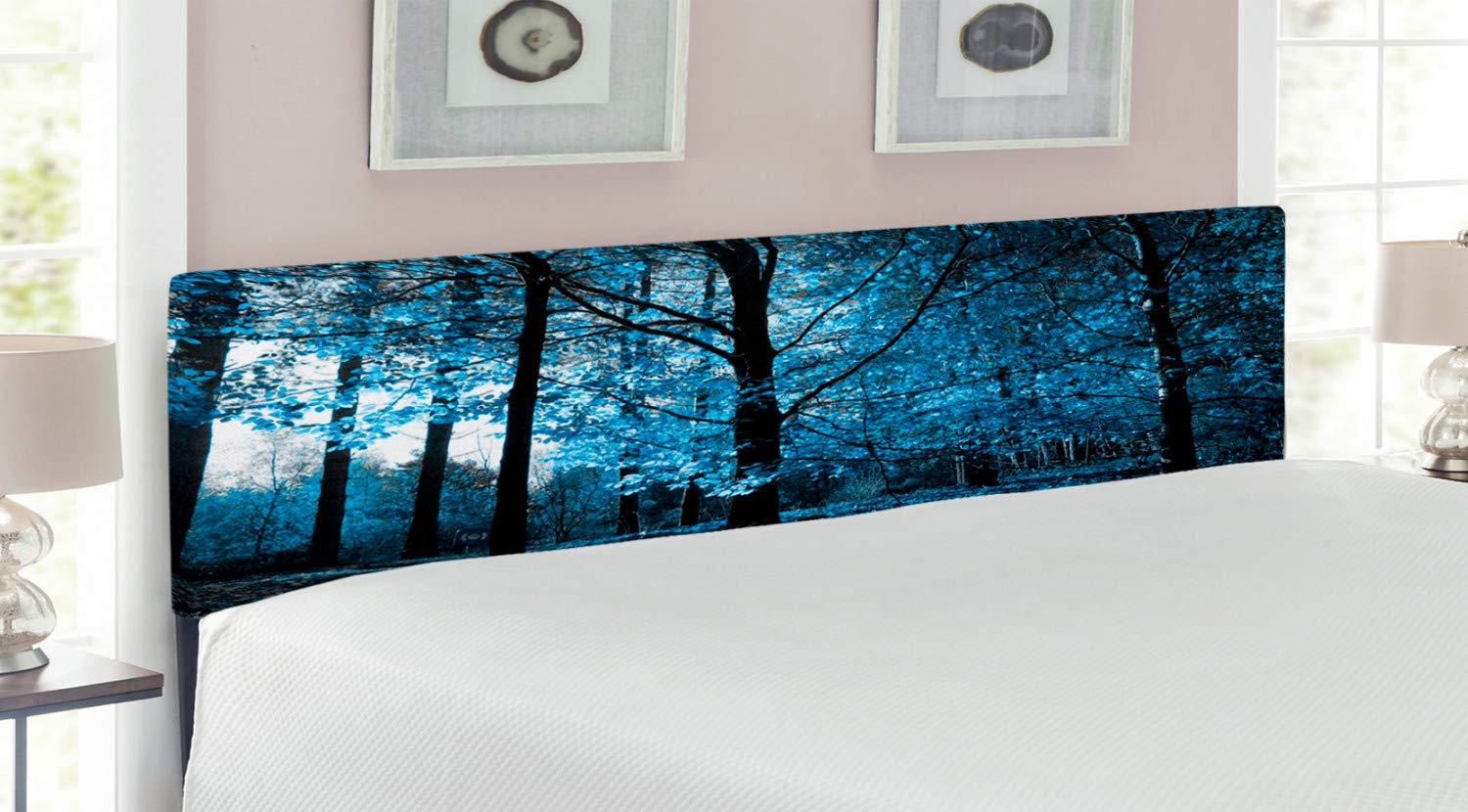 Ambesonne Woodland King Size Headboard - Autumn Nature Picture Print Upholstered Metal Bed Frame with Memory Foam | Blue Black Decorative Headboard for Bedroom | Perfect for Cozy Fall Bedroom Decor & Nature-Inspired Home Design