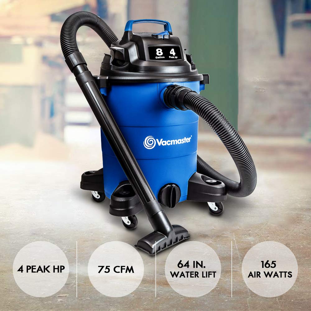 Vacmaster 4 Peak HP 8 Gallon Wet/Dry Vacuum Cleaner - Lightweight Powerful Suction with Blower Function - Ideal for Pet Hair, Garage, Car Detailing, Home Cleaning & Workshop Use