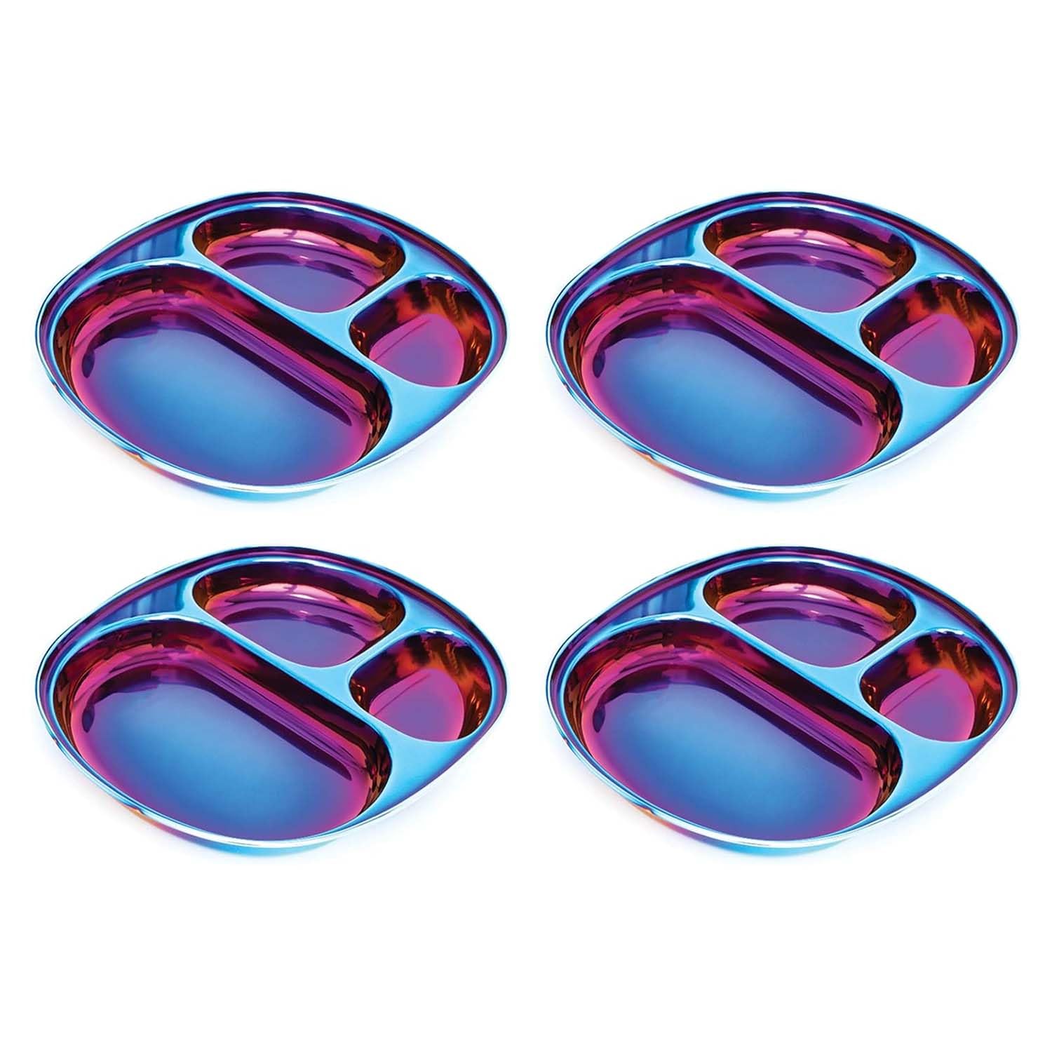 Ahimsa Stainless Steel Divided Plates for Kids & Toddlers - BPA Free, Non-Toxic, Dishwasher Safe | Pediatrician Designed Baby Plates for Healthy Meals (Set of 4, Blue) - Perfect for Daycare, School Lunches & Picky Eaters