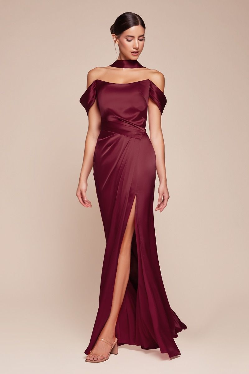 Emerson Off The Shoulder Lace Up Corset Burgundy Luxe Satin Gown - Elegant Evening Dress for Prom, Wedding & Special Occasions