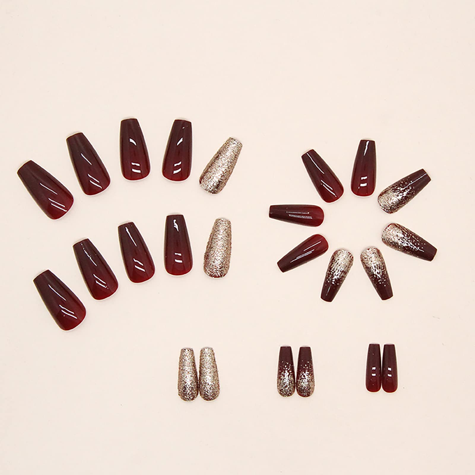 Medium Long Press On Nails Square - Flash Gold Powder Wine Red Acrylic Full Cover False Nails Set with Nail Glue | Reusable Stick On Fake Nails for Women & Girls | Perfect for Parties, Weddings & Special Occasions