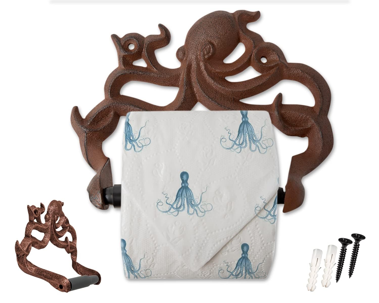 Decorative Cast Iron Octopus Toilet Paper Holder - Wall Mounted Bathroom Decor with Kraken & Nautical Theme - Easy Installation with Screws & Anchors - Rust Brown Finish - Perfect for Coastal, Beach House, or Pirate Themed Bathrooms