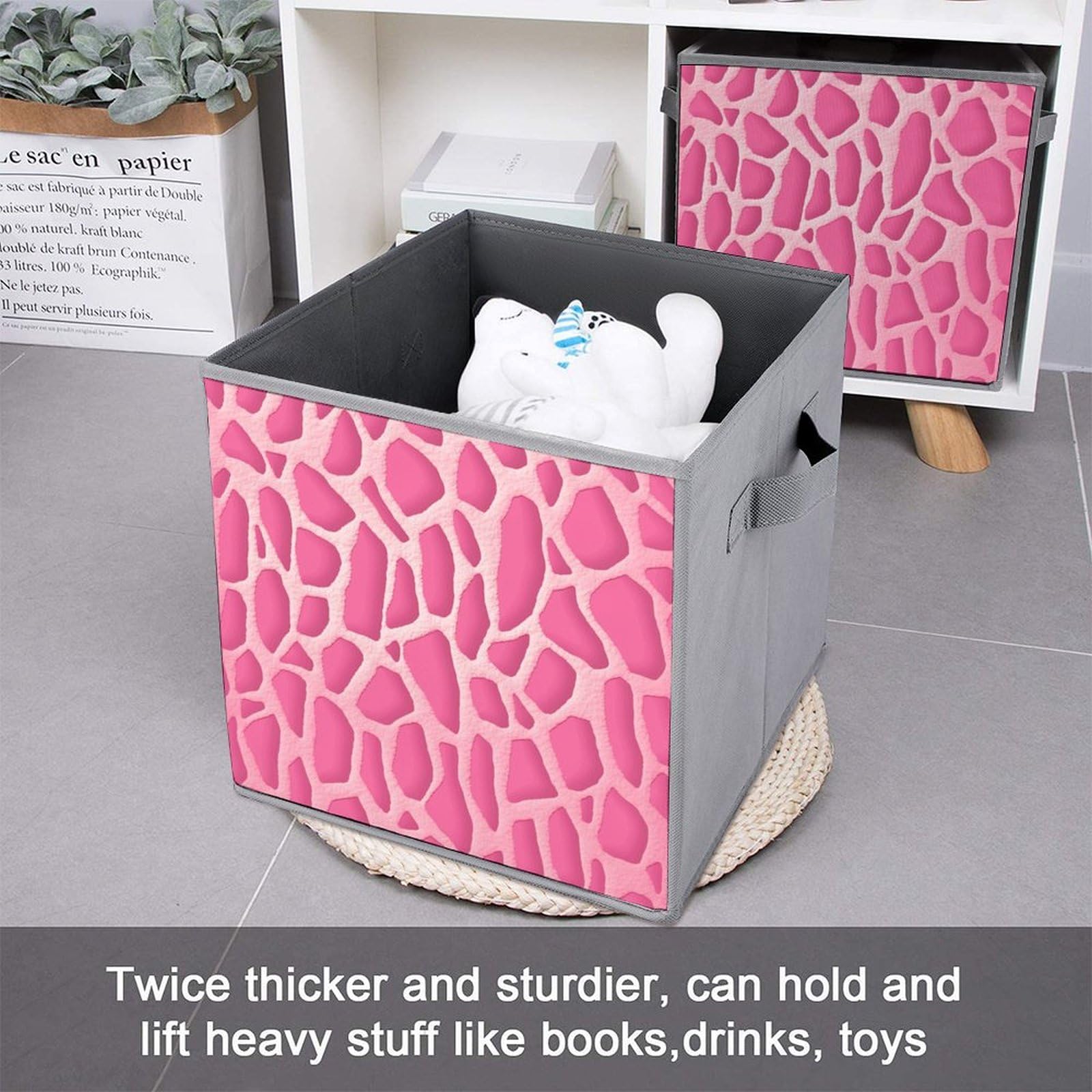 6-Piece Collapsible Storage Bins with Giraffe Print & Handles - Foldable Fabric Storage Containers for Home Organization, Closet, Nursery, Laundry Room & Shelves - Space Saving Storage Baskets for Toys, Blankets & Household Items