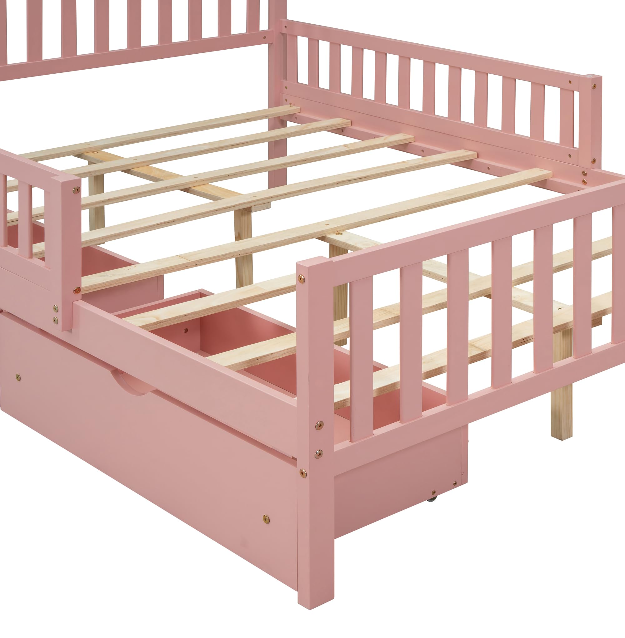 Pink Kids Full Bed Frame with Guardrails, Low Platform Bed with Headboard & Footboard, 2 Storage Drawers - Safe Toddler Bed for Boys & Girls - Perfect for Bedrooms, Daycare & Sleepovers