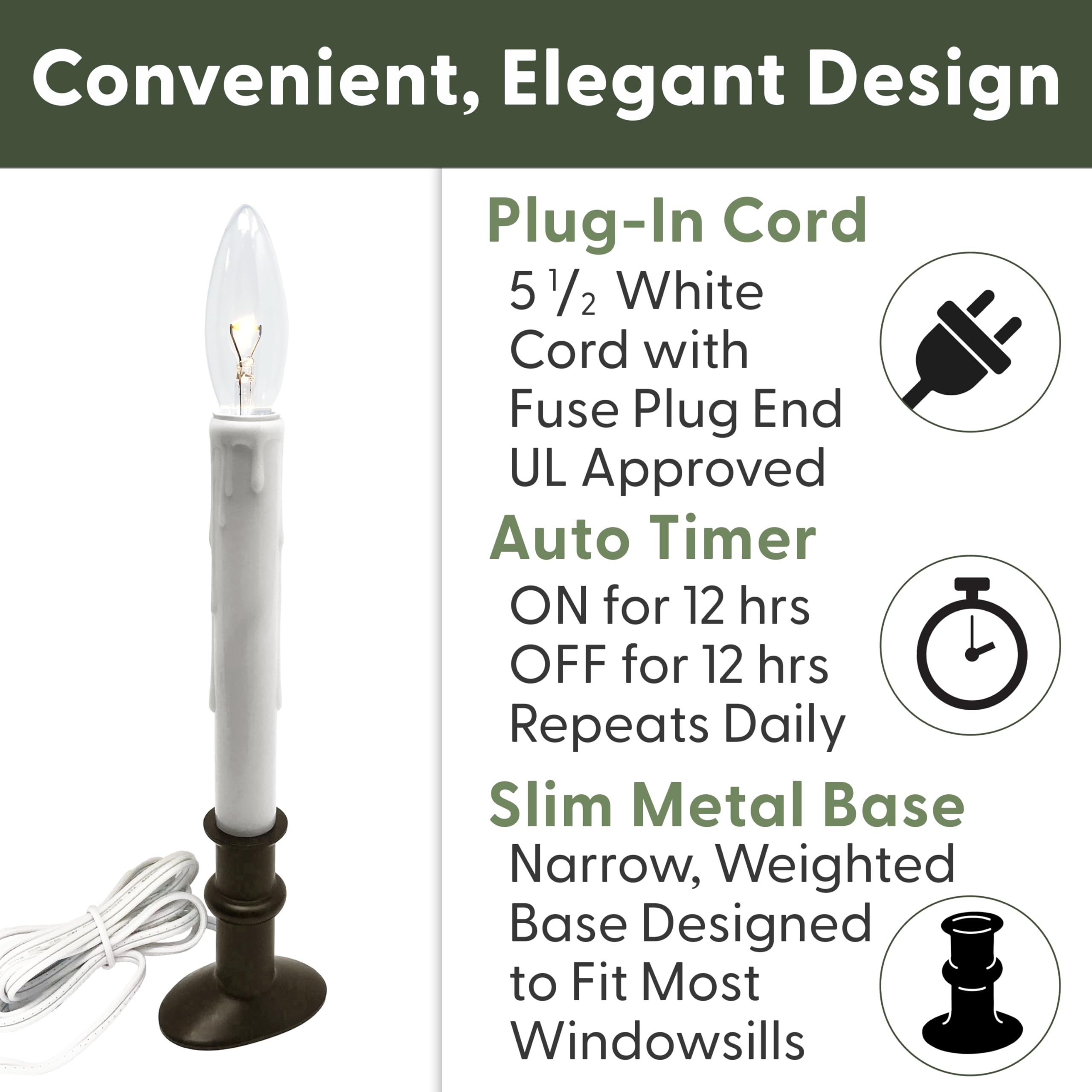 612 Vermont Electric LED Window Candles with Clear Bulb - Set of 4, Auto Timer, Slim Metal Base in Antique Bronze (VT-9133-OW-R4 Matte Onyx) - Perfect for Holiday Decor, Christmas Windows, and Year-Round Home Ambiance