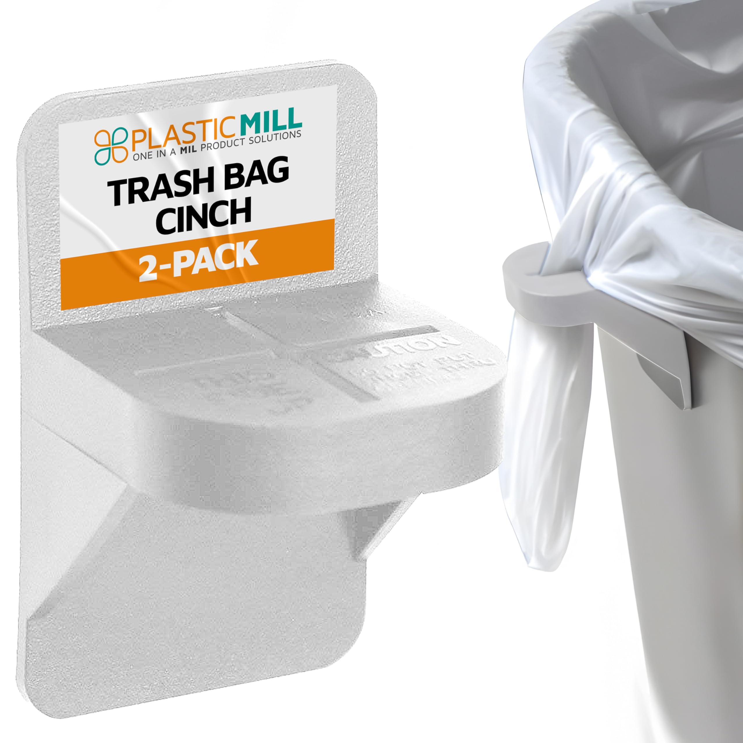 PlasticMill Trash Bag Cinch - Heavy Duty Trash Bag Holder for 13-30 Gallon Trash Cans - Secure Trash Can Liner Lock to Prevent Slipping - White (2-Pack) - Perfect for Kitchen, Bathroom, Office & Outdoor Use