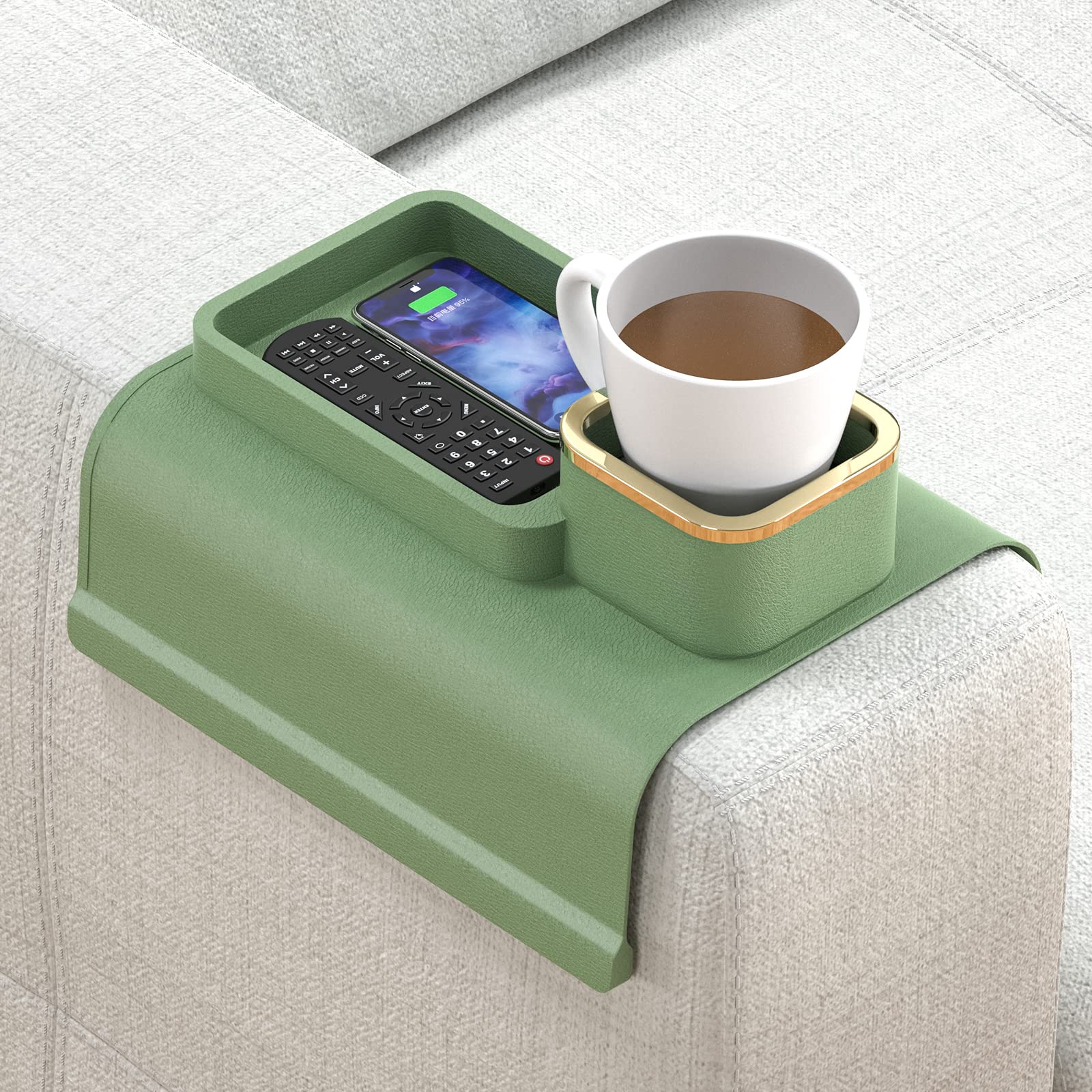 Premium Silicone Couch Cup Holder - Anti-Spill Sofa Arm Tray with Non-Slip Design | Heat & Cold Resistant Drink Coaster for Armchairs & Recliners | Remote & Phone Storage | Perfect Gift for Home & Office Use (Green)