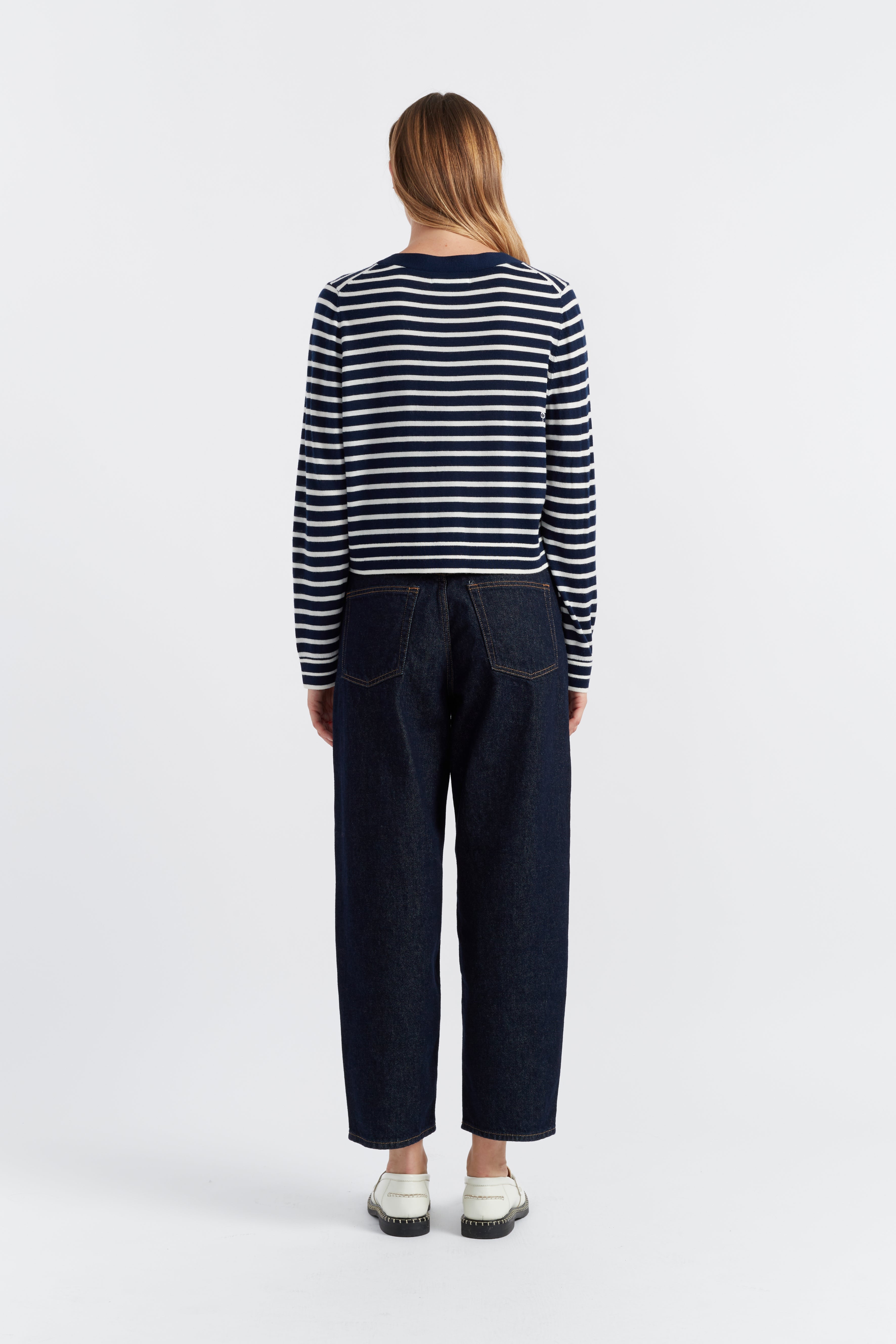 Navy Blue Merino Wool Heart Print Breton Cardigan for Women - Cozy Winter Sweater for Casual Outfits & Date Nights