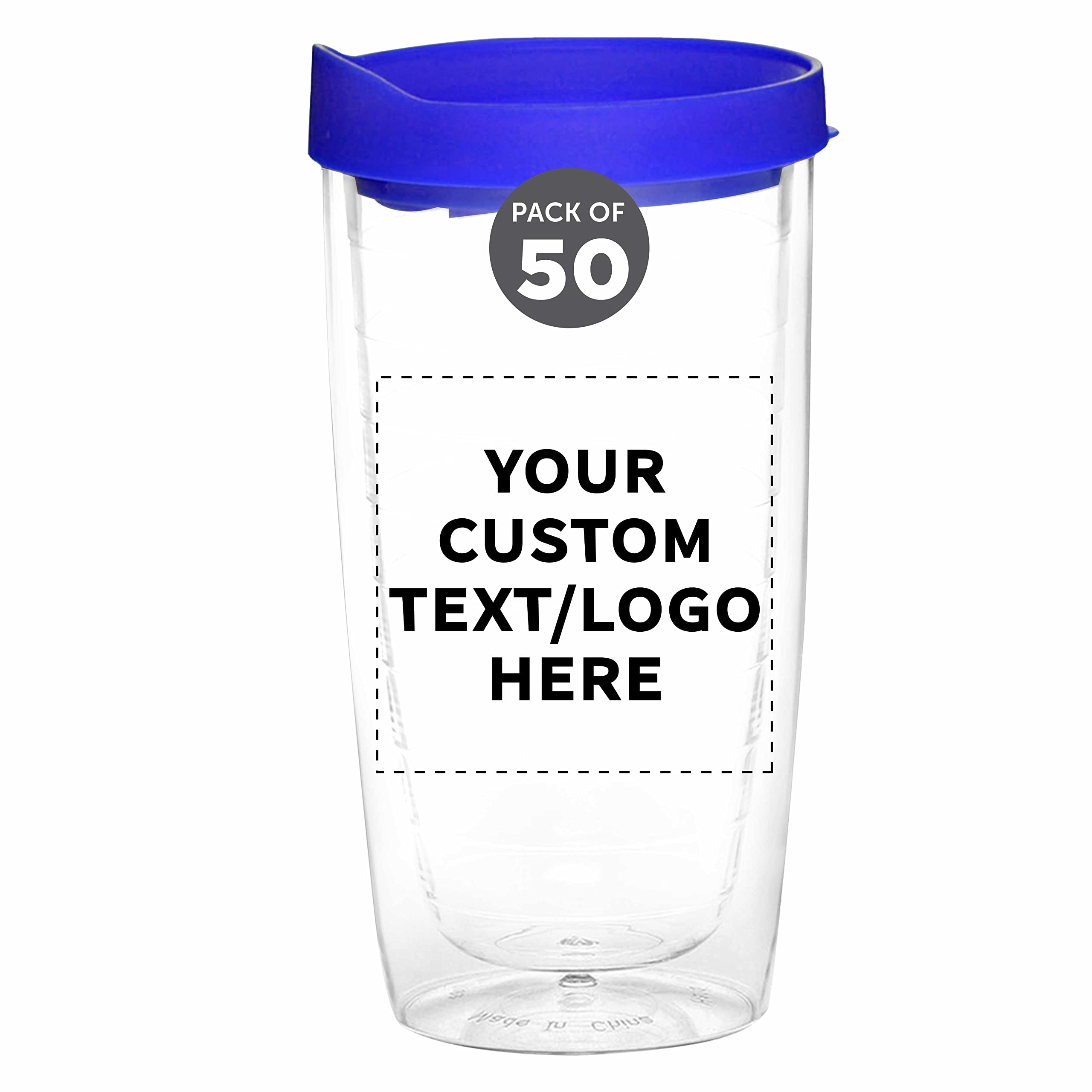 Custom 14 oz Double Wall Plastic Tumblers with Slid-lock Lid - 50 Pack, Personalized Text & Logo - Insulated Travel Coffee Cups for Office, Camping & Outdoor - Blue