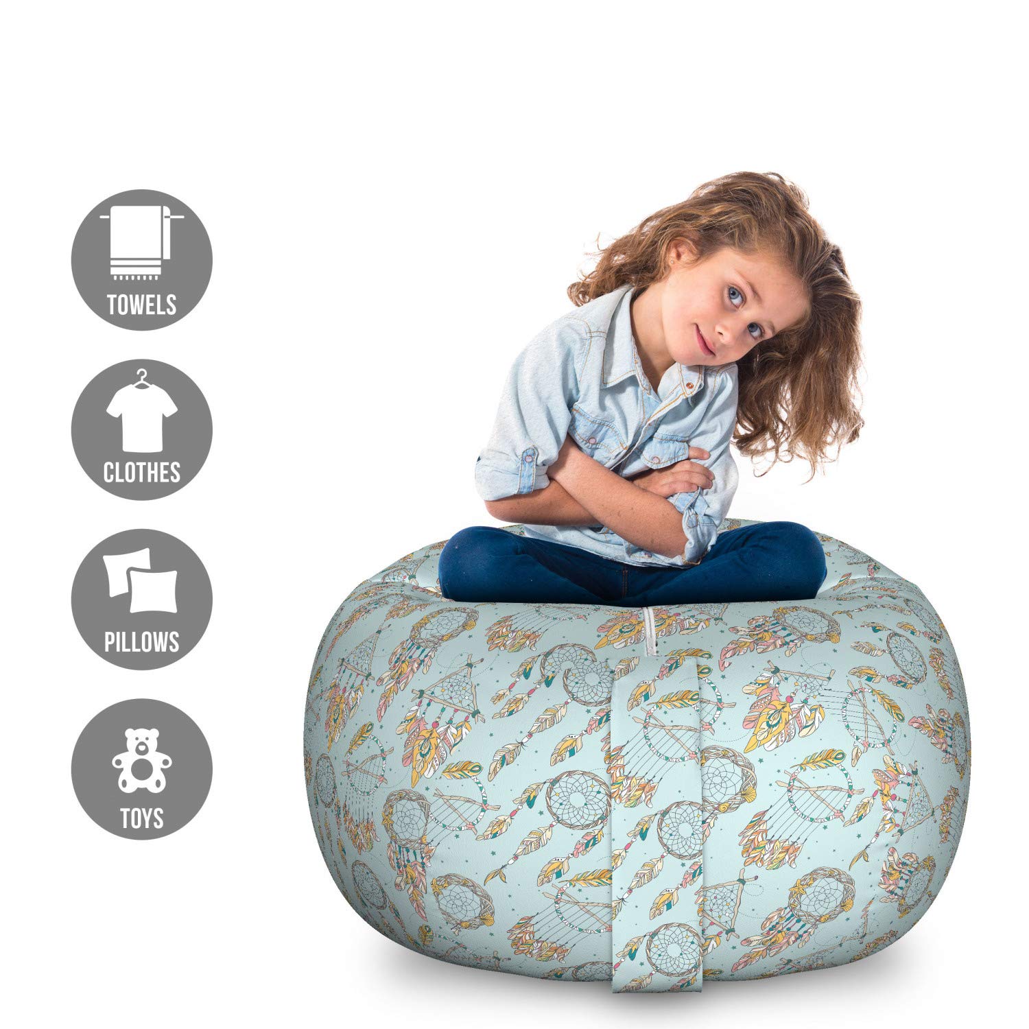 Ambesonne Boho Storage Toy Bag Chair - Large Washable Stuffed Animal Organizer with Abstract Circular & Triangular Dreamcatcher Pattern | Kids Room Decor, Playroom Storage, Nursery Organization