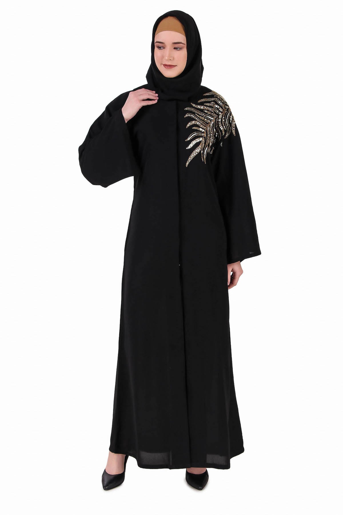 Elegant Front Open Hand Gold Leaf Embroidered Dubai Abaya Dress - Perfect for Islamic Prayer, Special Occasions & Modest Fashion