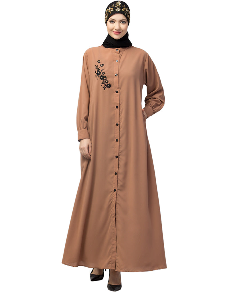 Elegant Black Embroidered Arabic Front Open Casual Abaya in Skin Color - Perfect for Daily Wear, Prayer, and Special Occasions