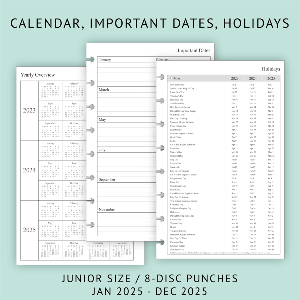 2025 Weekly & Monthly Planner Refill for 8-Discbound Planners - 2 Pages Per Week, Junior Size 5.5