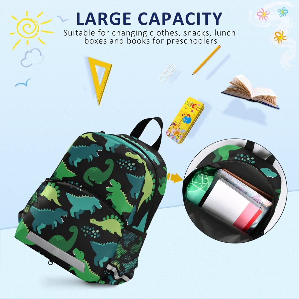 OREZI Cute Dinosaur Toddler Backpack for Boys & Girls - Waterproof Kids Backpack with Safety Leash for Preschool, Kindergarten, Daycare & Travel | Dinosaur Themed School Bag for 3-6 Year Olds | Perfect for Daily Use, Outdoor Adventures & Gift Giving