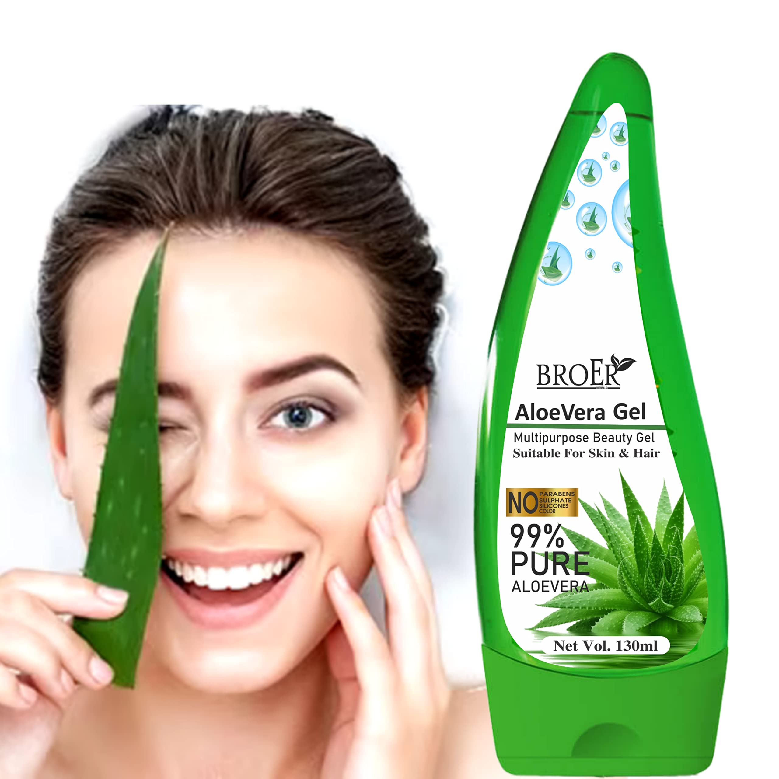 BROER Non-Toxic Aloe Vera Gel for Acne & Scars Treatment - Hydrating Skin Care for Glowing & Radiant Face - 130ml - Perfect for Daily Moisturizing, Sunburn Relief & After-Shave Soothing