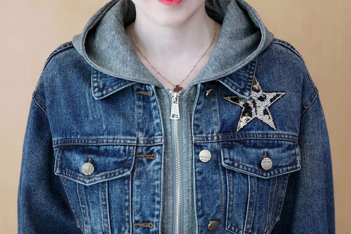 Ebossy Women's Distressed Sequin Star Hooded Denim Jacket - Stylish Cropped Jean Jacket for Casual Outings, Parties & Night Out Fashion
