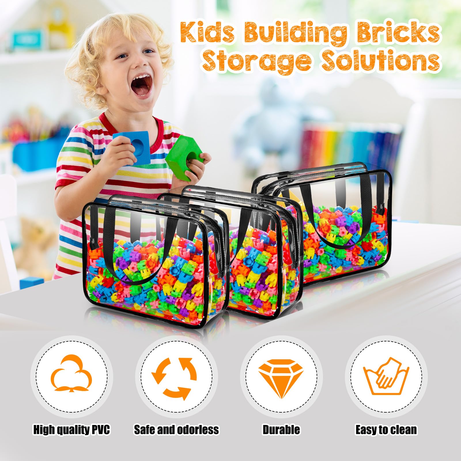 12-Piece Large PVC Clear Toy Storage Bags with Zipper - Waterproof Organizer for Building Blocks, Puzzles, Kids Books (Black) - Perfect for Playroom, Classroom & Home Organization