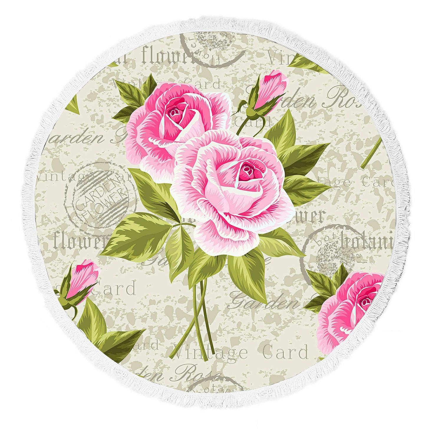 ABPHQTO Floral Pink Roses Round Beach Blanket with Tassels - Soft & Durable Beach Towel, Yoga Mat, Picnic Blanket for Outdoor Adventures, Park Lounging, and Cozy Indoor Use