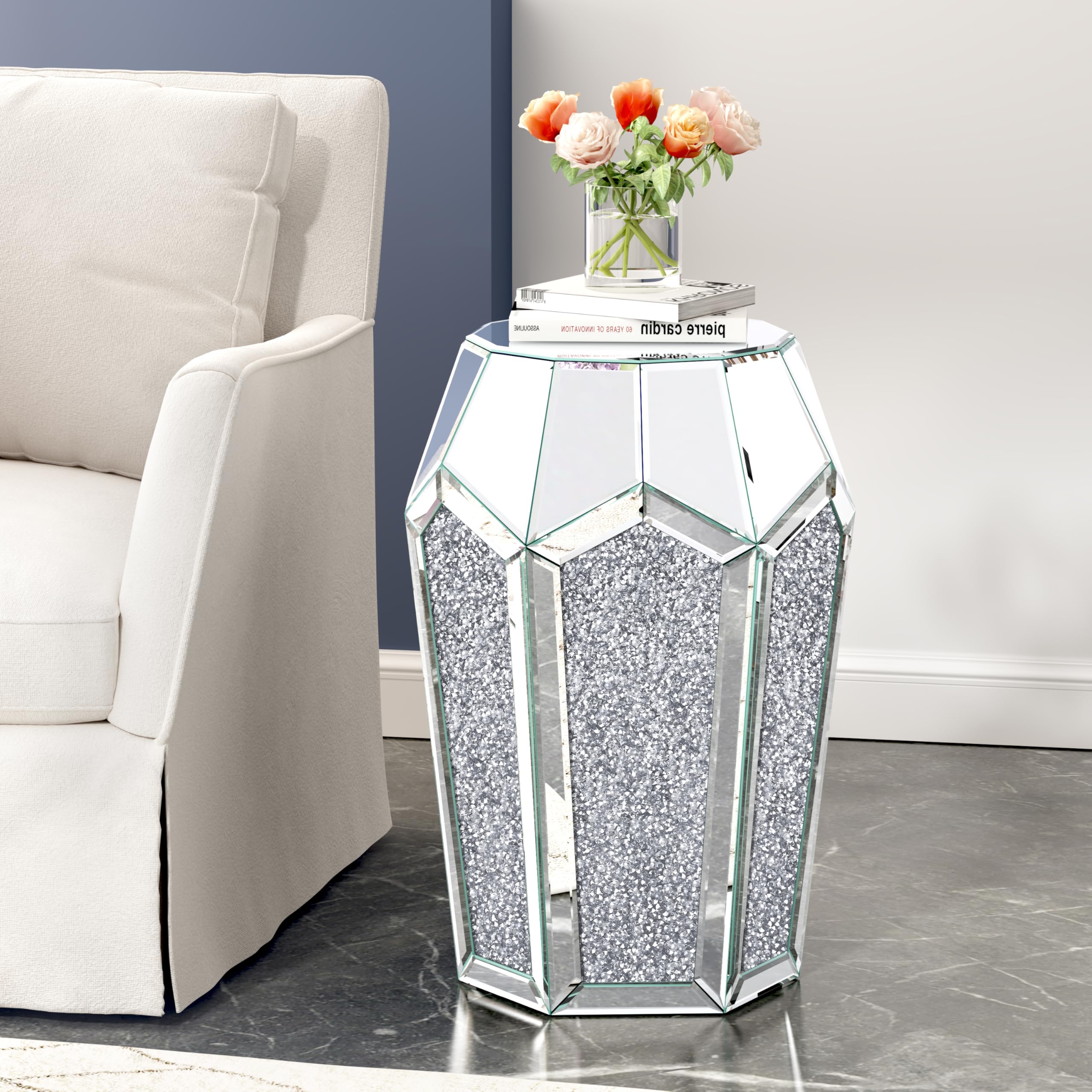 ENENE Mirrored End Table with Crystal Diamond Setting - Silver Glass Coffee Table & Side Table Pedestal Stand for Living Room, Bedroom, Hallway, Corner - Perfect for Sofa Accent, Home Decor & Luxury Interior Design