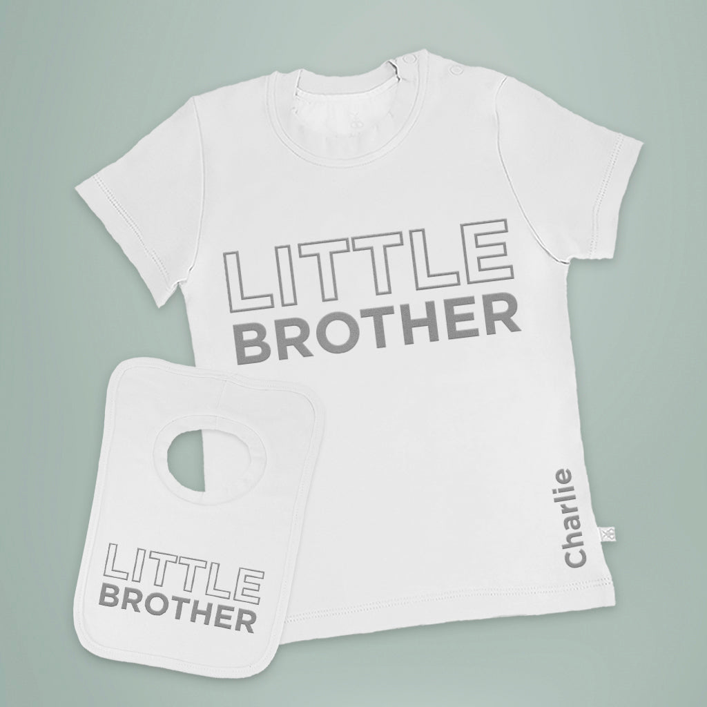 Custom Little Brother Short Sleeve T-Shirt & Bib Gift Set - Perfect for Newborns, Baby Showers & Sibling Photo Shoots