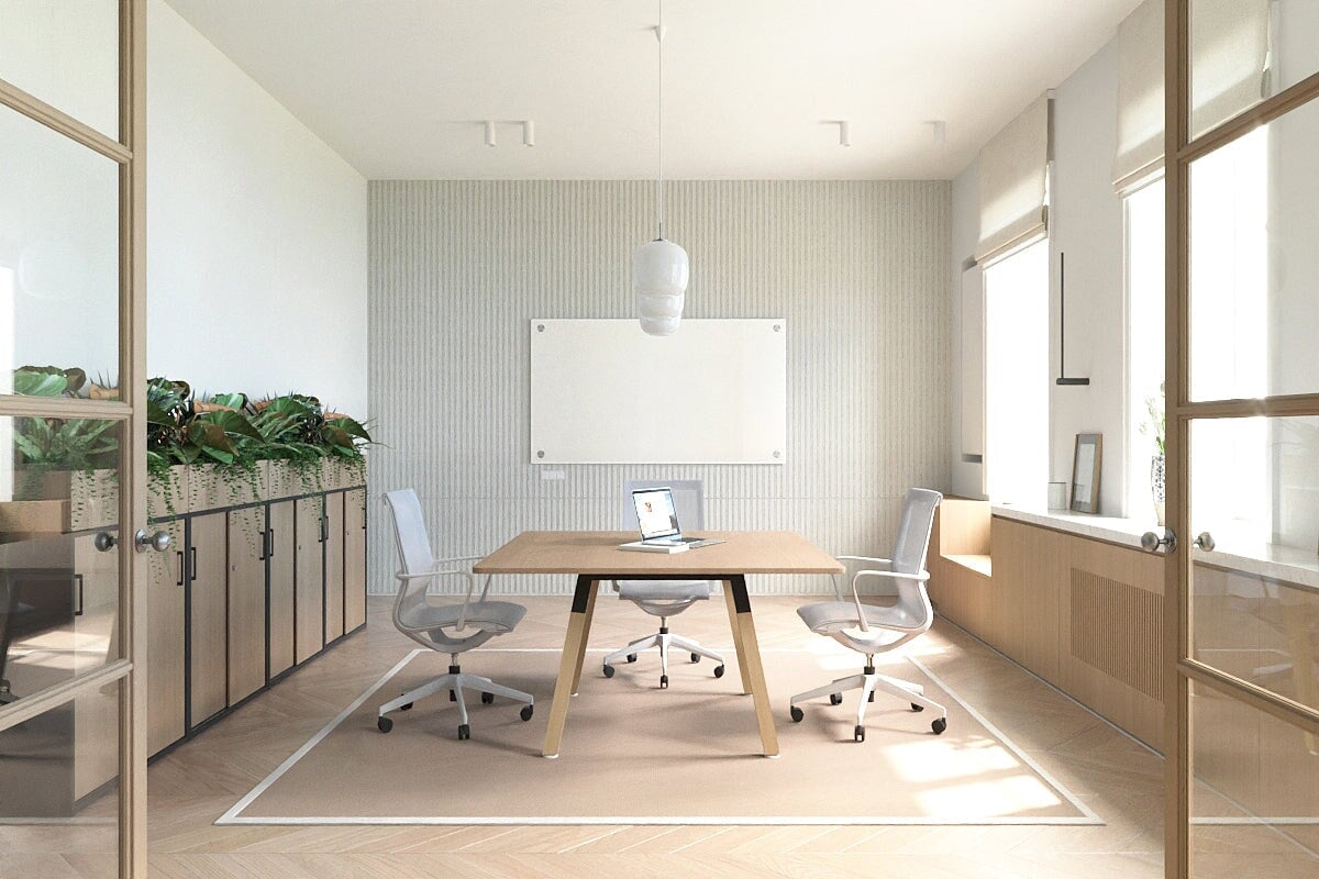 Modern Boardroom Table with Quadro A Wood Legs & Rounded Corners - 1100L x 1100W Conference Table for Office Meetings & Executive Workspaces