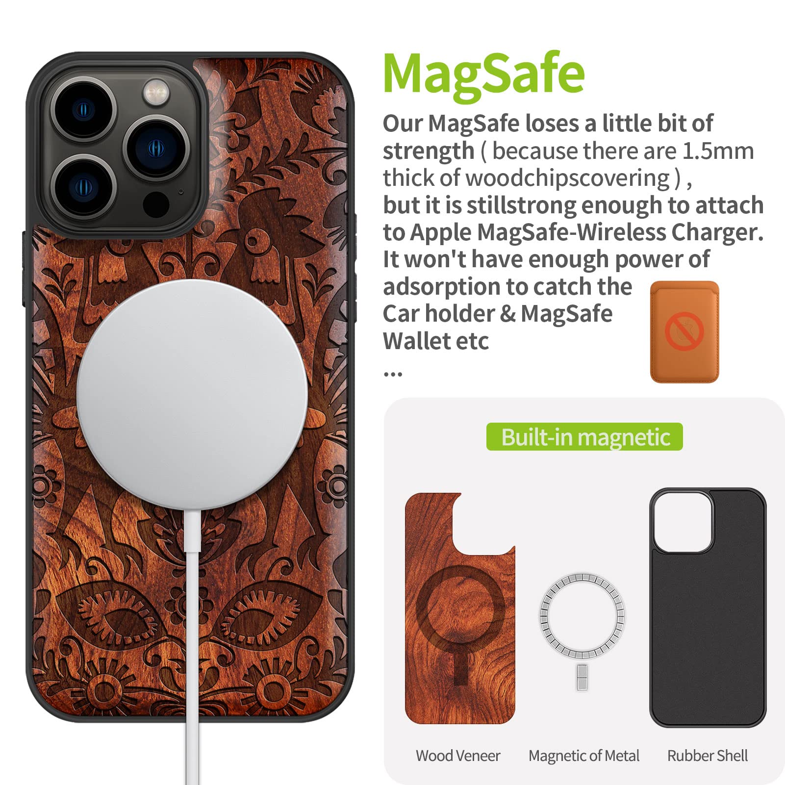 Carveit Magnetic Wood Case for iPhone 13 Pro Max - Natural Wood & Black Soft TPU Shockproof Protective Cover - MagSafe Compatible Wooden Phone Case (Floral Roosters Red Wood Design) - Perfect for Outdoor Adventures & Everyday Protection