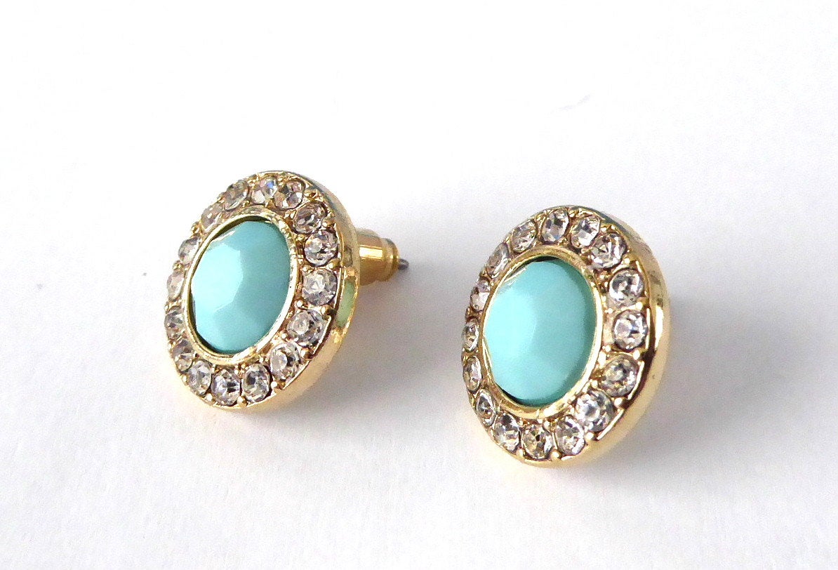 Vintage 1990s Turquoise Rhinestone Halo Earrings - Round Sparkling Stud Post Earrings for Women | Perfect for Parties, Weddings & Retro Fashion