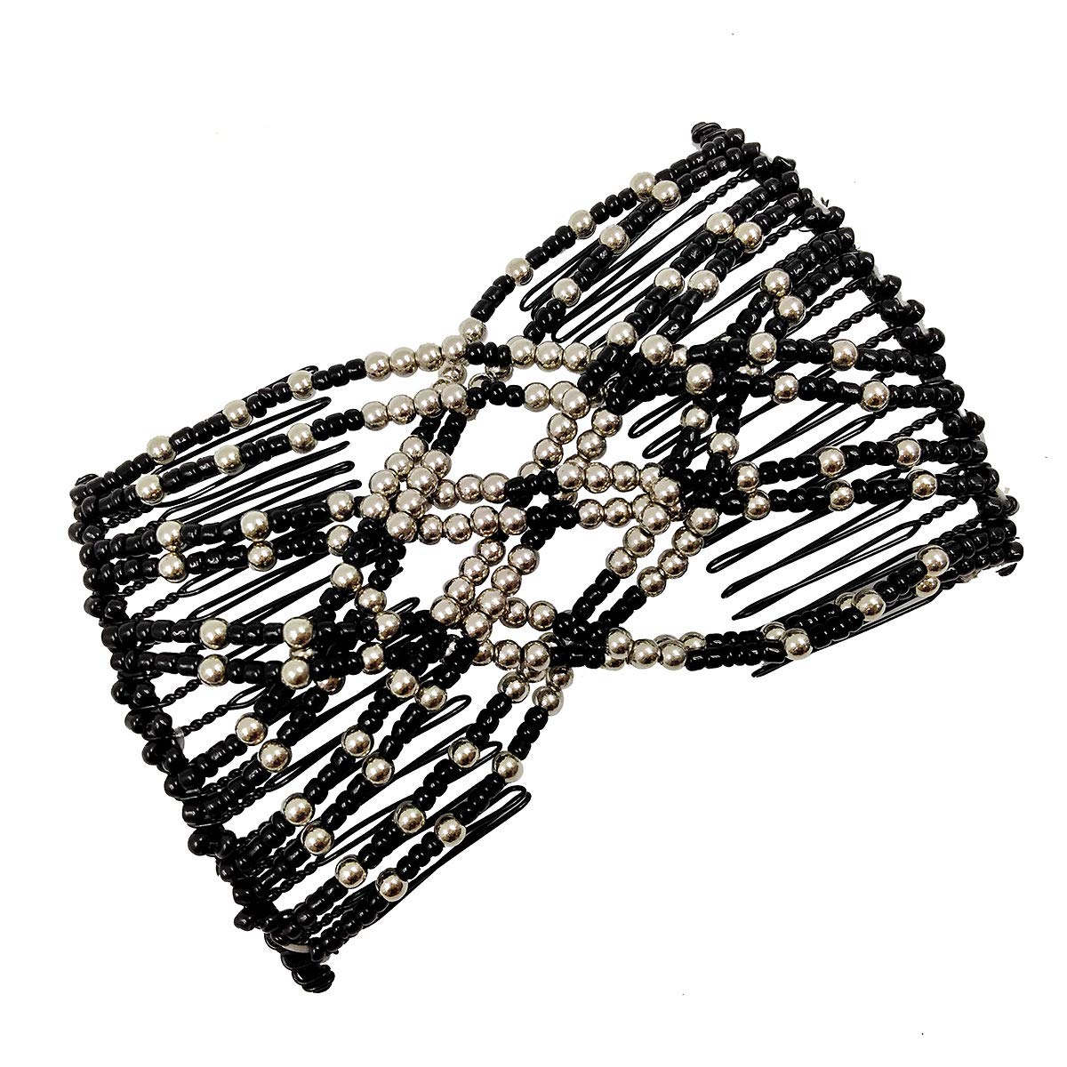 Stylish Beaded Hair Combs - Magic Elastic Stretchable Double Hair Clips for Women & Girls - Hair Beauty Accessories (Champagne) - Perfect for Weddings, Parties & Everyday Hairstyling