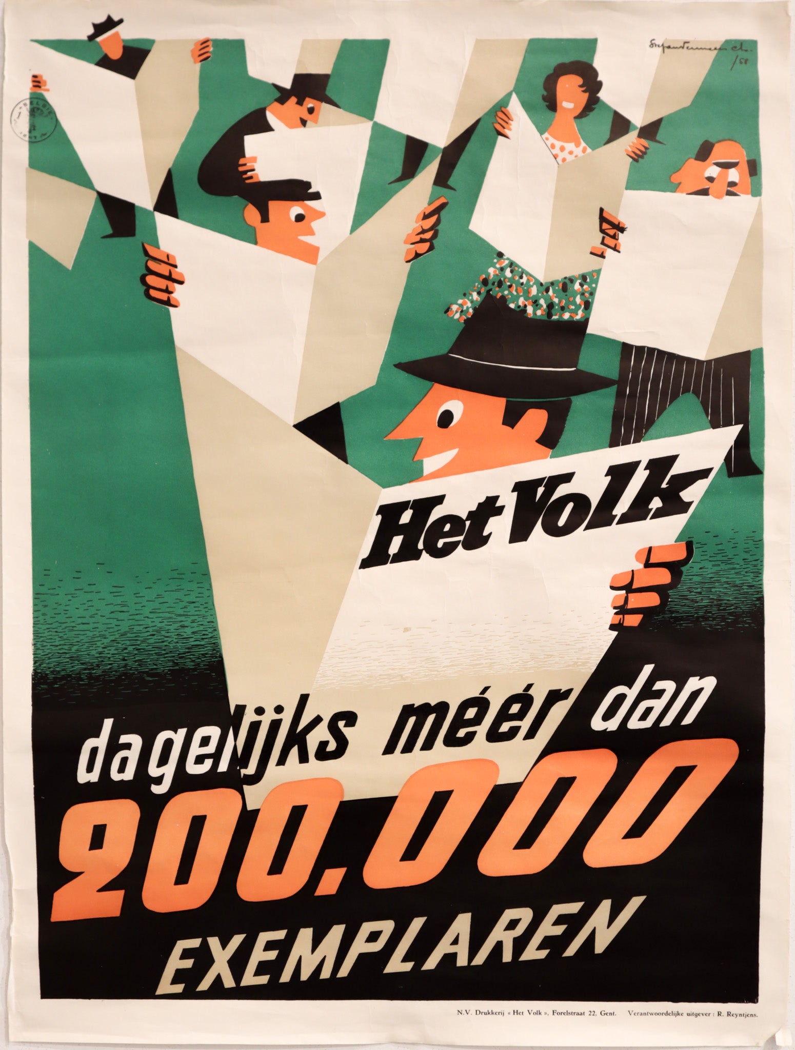 Vintage 1958 Belgian Newspaper Poster - Het Volk 