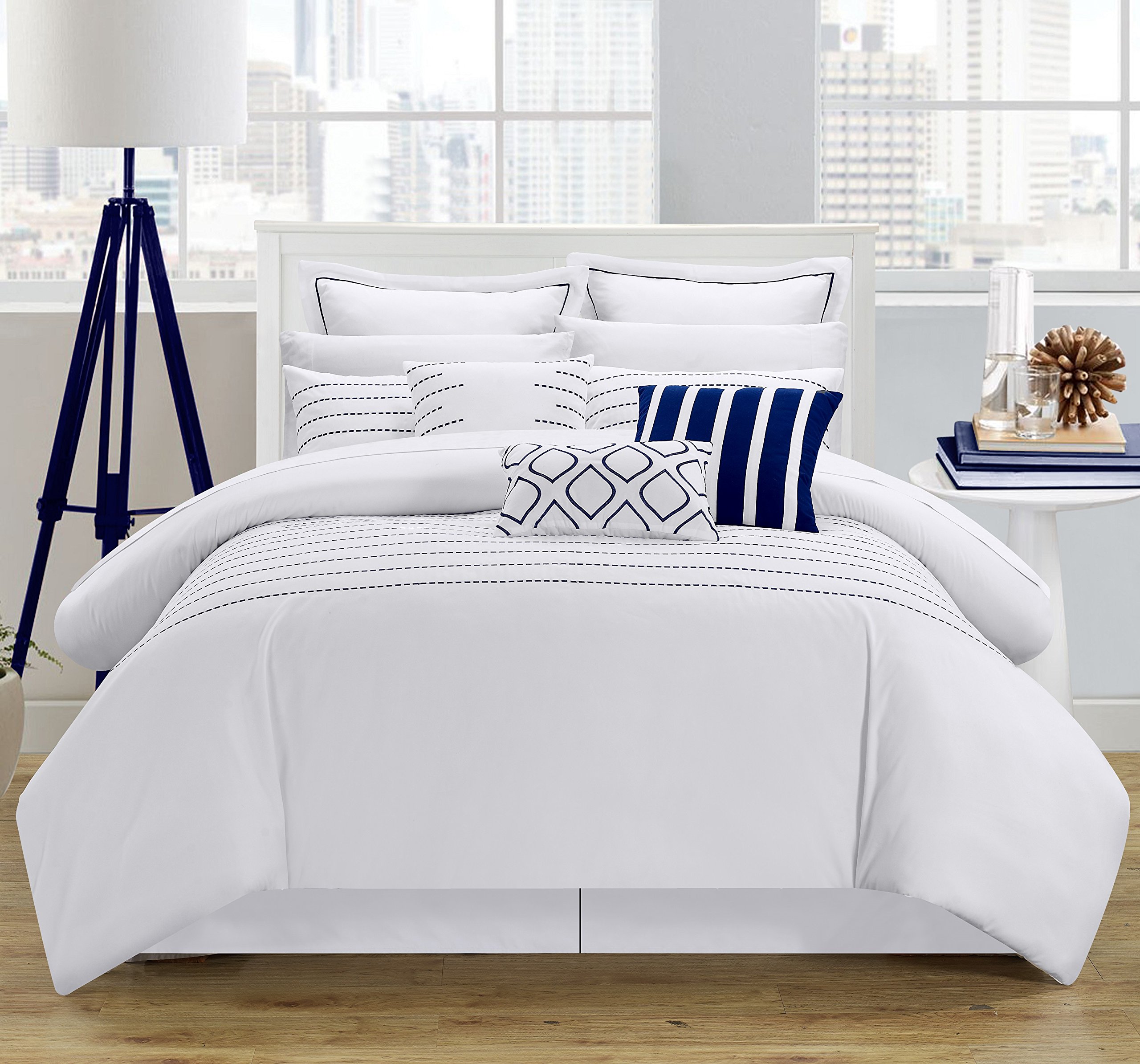Chic Home Brenton 9-Piece Queen Size Comforter Set in White - Luxury Bedding for Master Bedroom, Guest Room & Dorm Decor