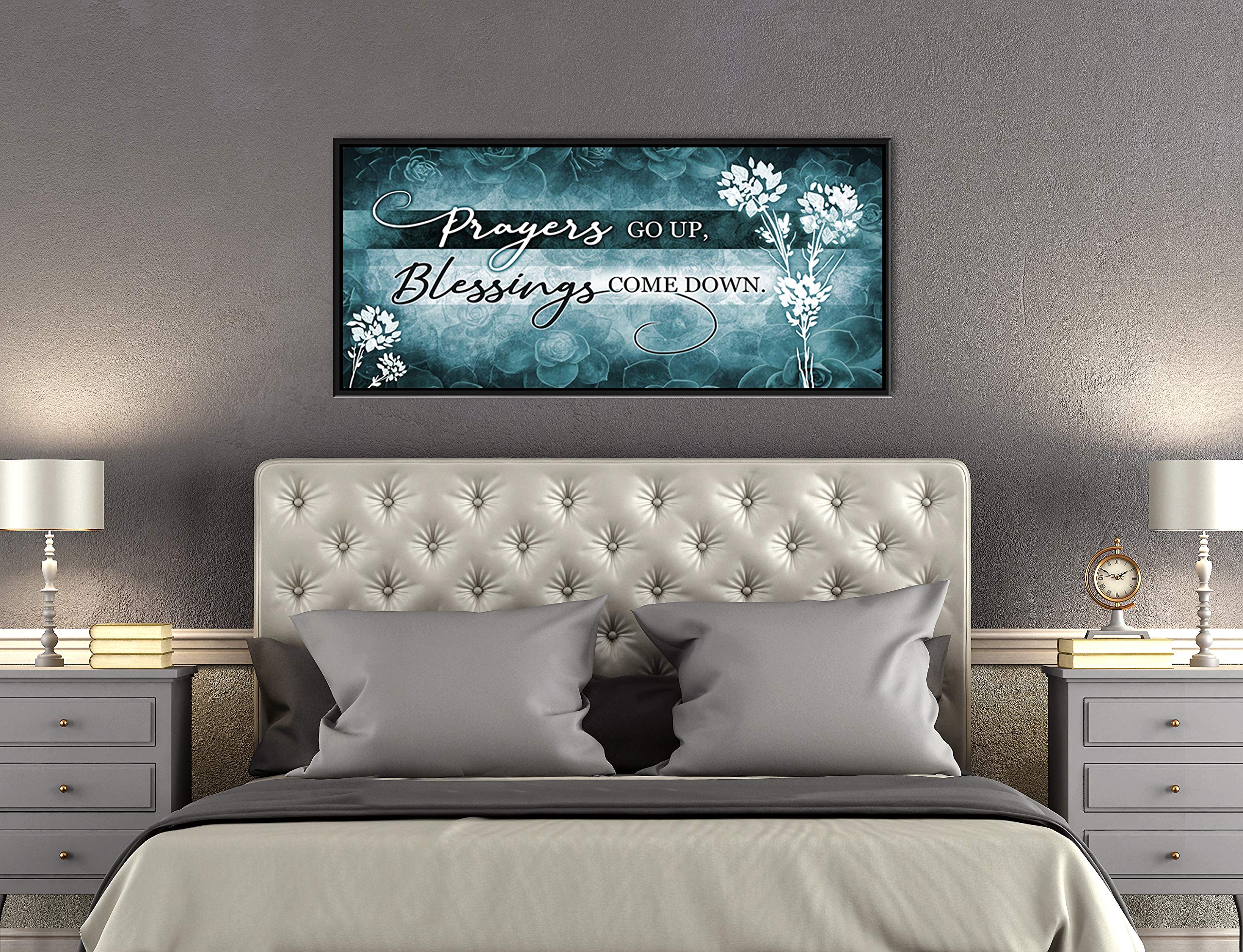 Prayers Go Up V2 Blessed Sign - Religious Christian Wall Art with Rustic Farmhouse Decor in Teal & Black Floating Frame (42x19) - Perfect for Home, Church & Office Inspirational Decor