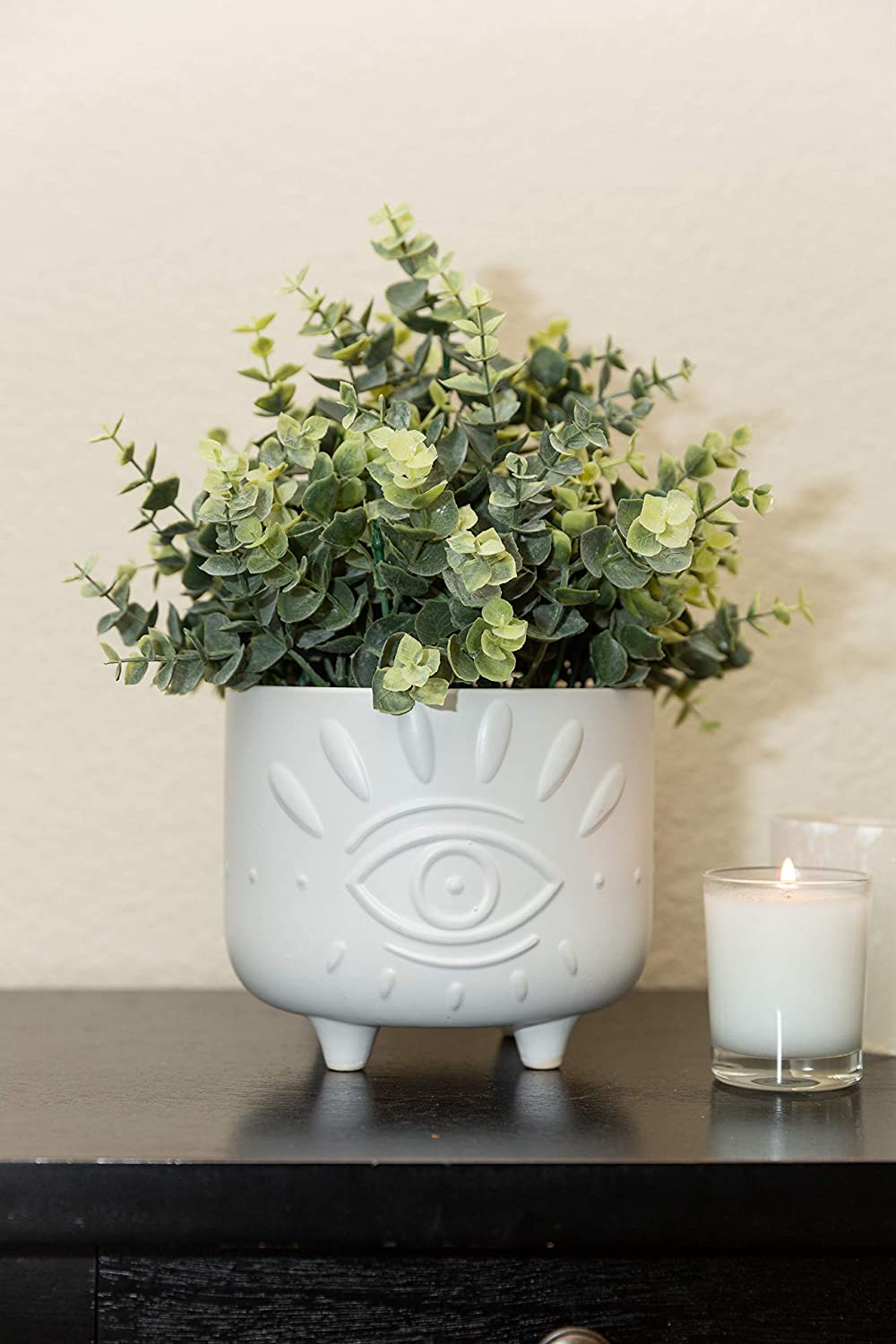 Flora Bunda 6IN & 4.75IN Evil Eye Ceramic Plant Pots with Stand, Set of 2, Matte White - Perfect for Home Decor, Office Plants & Succulent Arrangements