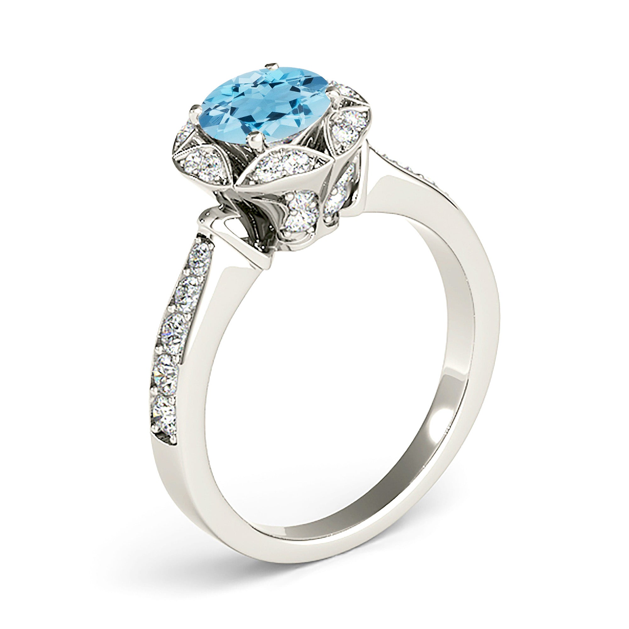 1.10 Carat Genuine Aquamarine Ring with Floral Halo - Elegant Birthstone Jewelry for Women, Perfect for Engagement, Anniversary & Special Occasions
