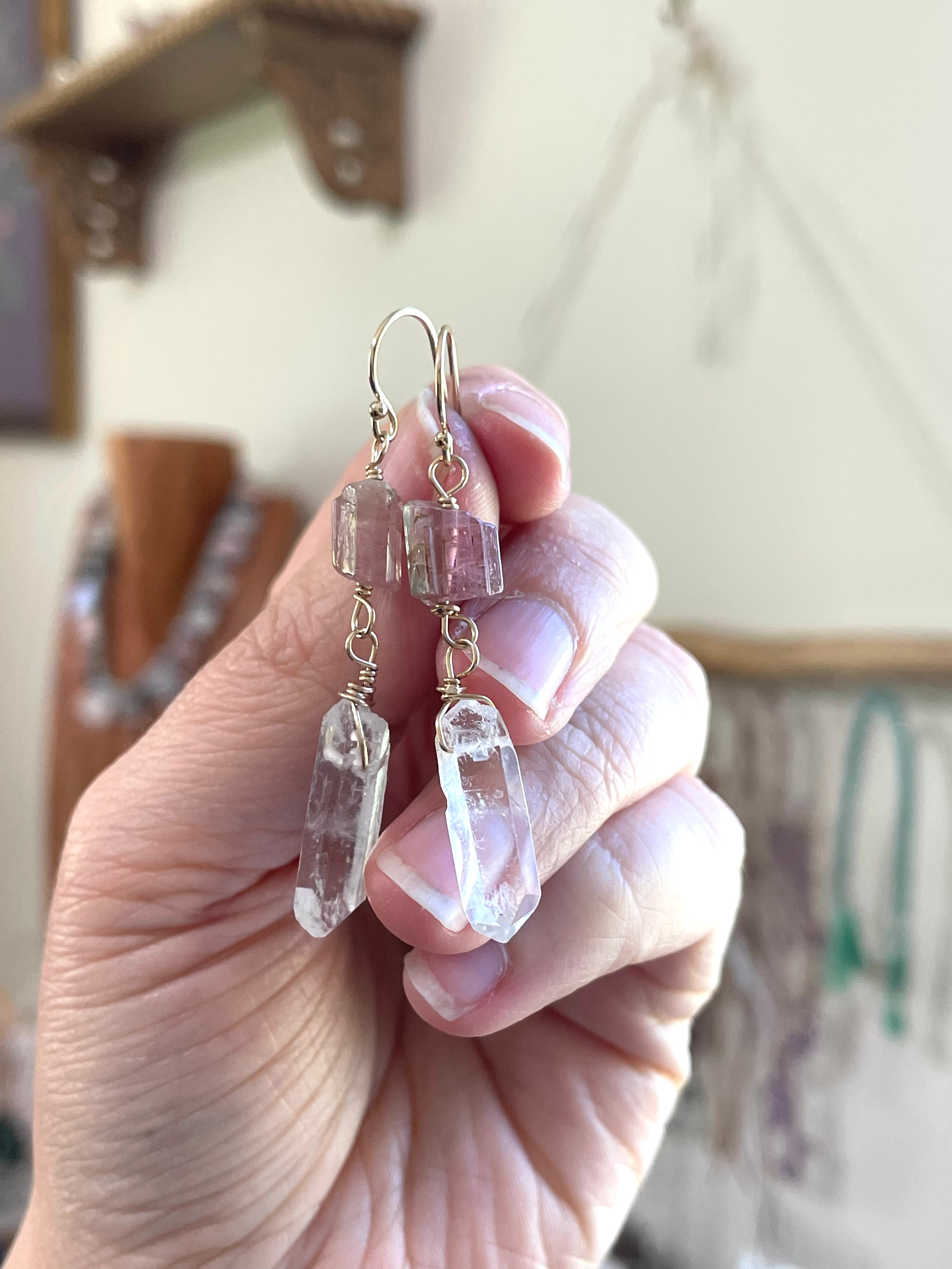 Pink Tourmaline & Clear Quartz Crystal Earrings in Gold Fill - Elegant Boho Jewelry for Women, Gift for Her, Wedding & Party Accessories