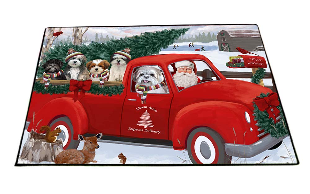 Santa Christmas Express Delivery Red Truck Lhasa Apso Dogs Non-Slip Floor Mat - Washable Pet Door Rug for Indoor/Outdoor Use - 18