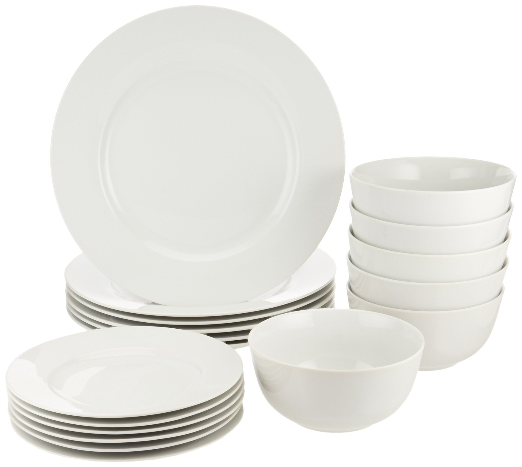 Amazon Basics 18-Piece Dinnerware Set - 6 Plates, 6 Bowls, 6 Dishes for Complete Table Setting (Service for 6, White) | Perfect for Family Dinners, Parties & Everyday Use    Amazon Basics 20-Piece Stainless Steel Flatware Set - 5-Piece Place Settings for 4 (Knives, Forks, Spoons) | Ideal for Restaurants, Catering & Home Dining