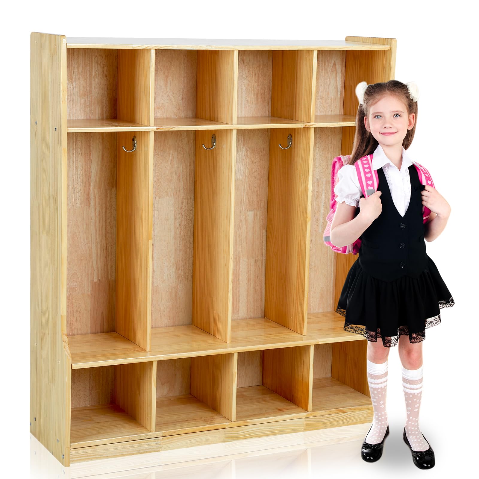 4-Section Wooden Coat Locker with Bench - Natural Pine Backpack Storage Cubby with Hooks - Perfect for Daycare, Classroom & Home Organization - Ideal for Kids' Backpack Storage, Shoe Organization & Entryway Decor