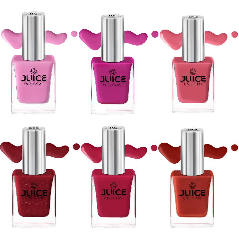 JUICE Quick-Dry Long Lasting Nail Polish Set - 6 in 1 Combo with Chip Resistant Gel Finish & High Gloss (Pretty Pinks & Royal Reds) | F&D Approved Colors & Pigments | Perfect for Salon, Home Manicures & Special Occasions